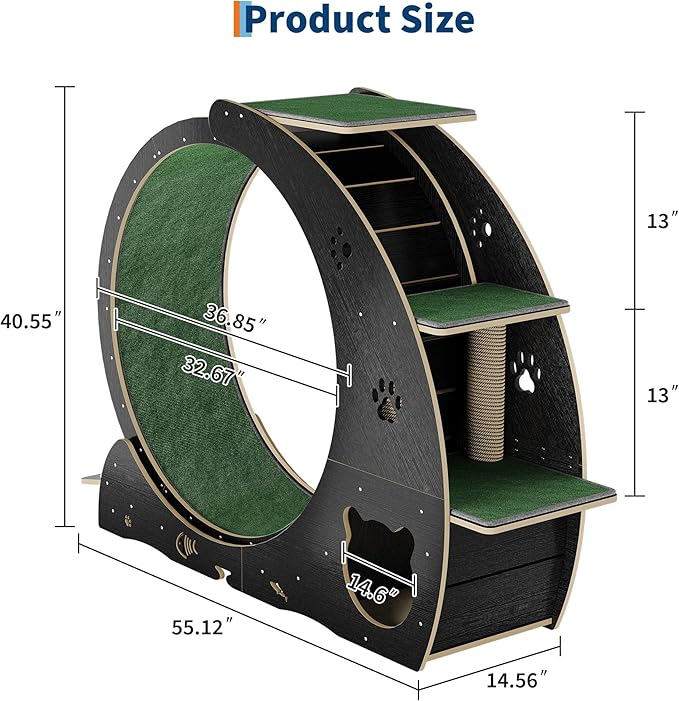 55" Multi-Cat Exercise Wheel with 3-Level Jumper & Scratching Pad - Silent TPE Spinner Activity Center with Rest Area to Prevent Boredom and Obesity in Indoor Cats