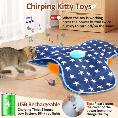 Interactive Cat Toy Rechargeable, Cat Exercise Toys for Indoor Bored Adult Cats, Hide and Seek Toy with Motion Activated, Moving Feather, Chirping