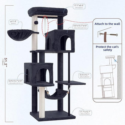 51.2'' Cat Tree Tower, Cat Tower with Scratching Post, Sturdy Steel Pube Cat Tree for Inoor Cats Large Adult, Cat Hammock and Basket, Padding Top Platform, Drak Gray GCT014G