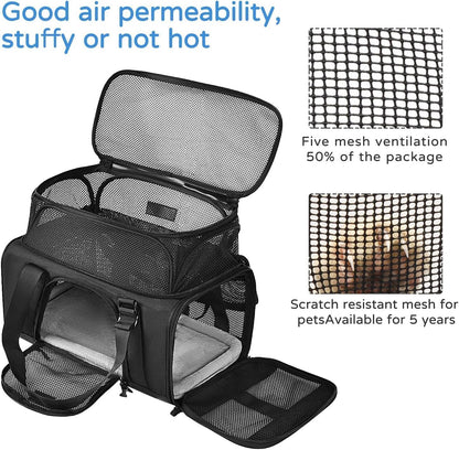 Airline Approved Pet Carrier, Collapsible Cat Carrier, Expandable Dog Carrier, 900D High Density Oxford Cloth, Wear-Resisting, Anti Tearing, Safety Lock Zipper, Reflective Tape