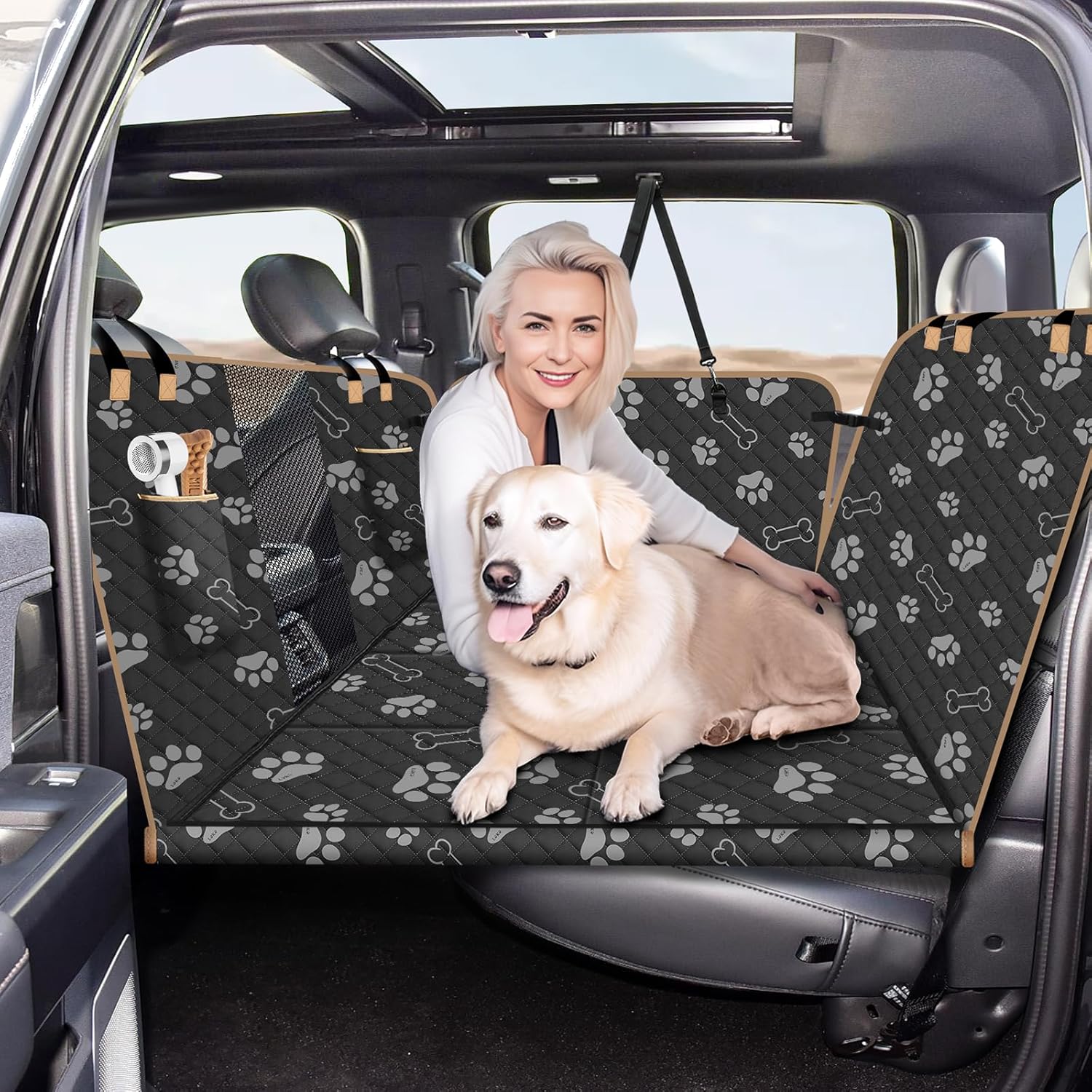 Dog Car Seat Cover for Back Seat, Larger Dog Car Bed Cover with Strong Bottom, Car Back Seat Extender Hammock for Full Size Truck/SUV Black 8 Panels Black Foot Print - Pawvie