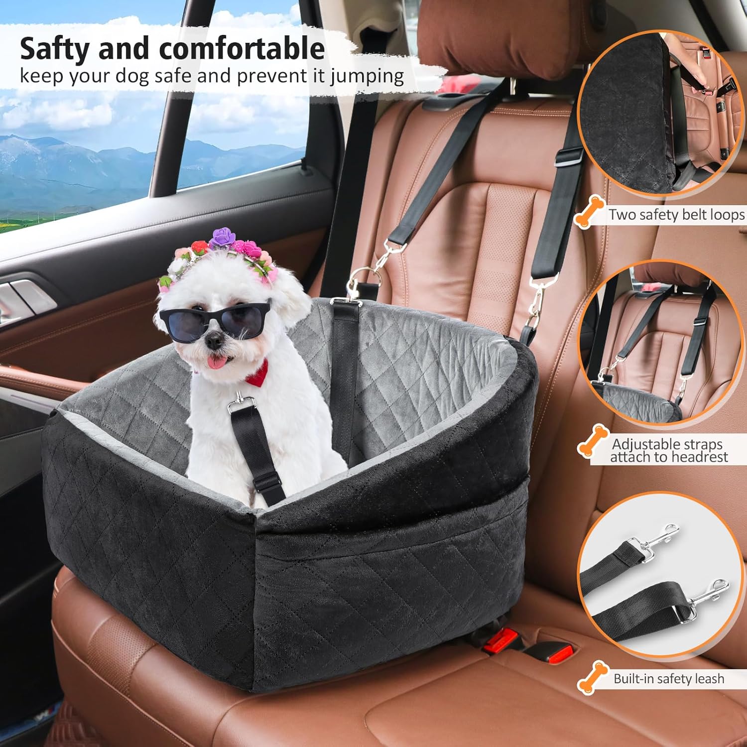 Dog Car Seat for Small Dogs,Detachable Washable Dog Booster Seat Under 30lbs, Pet Car Seat Travel Bed with Storage Pockets and Dog Safety Belt (Black/Grey) - Pawvie