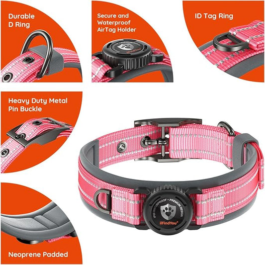 Upgraded AirTag Dog Collar with Holder, Waterproof Reflective Air Tag Dog Collar with Widened Comfortable Padding & Ultra-Durable Metal Buckle, Adjustable for Medium (Rose Red, Small)