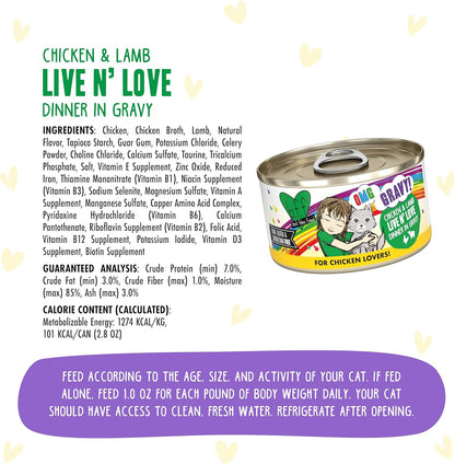 Weruva B.F.F. OMG - Best Feline Friend Oh My Gravy!, Chicken & Lamb Live N' Love with Chicken & Lamb in Gravy, 2.8oz Can (Pack of 12)