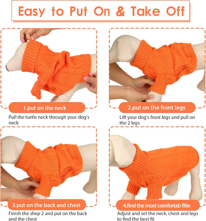 Queenmore Small Dog Pullover Sweater, Cold Weather Cable Knitwear, Classic Turtleneck Thick Warm Clothes for Chihuahua, Bulldog, Dachshund, Pug (Orange, X-Large)