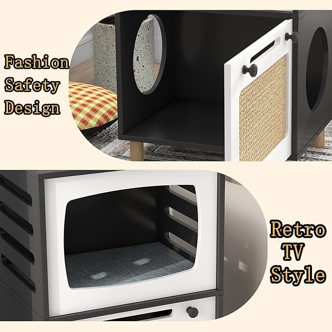 TaoHFE Cat Hideaway Modern Cats Furniture for Living Room Cat Houses for Indoor Cats with Scratching Pad & Soft Cushion, Cats Beds for Indoor TV Design end Table, Black