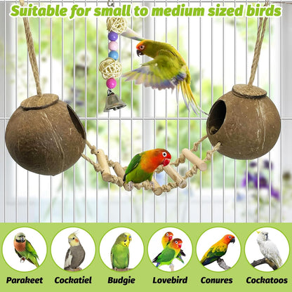 kathson 5Pcs Bird Coconut House with Ladder Parakeet Coconut Nest for Cages Parrot Hut Hanging Natural Coconut Fiber Conure Chewing Toys for Cockatiel Budgie Lovebird Cockatoos
