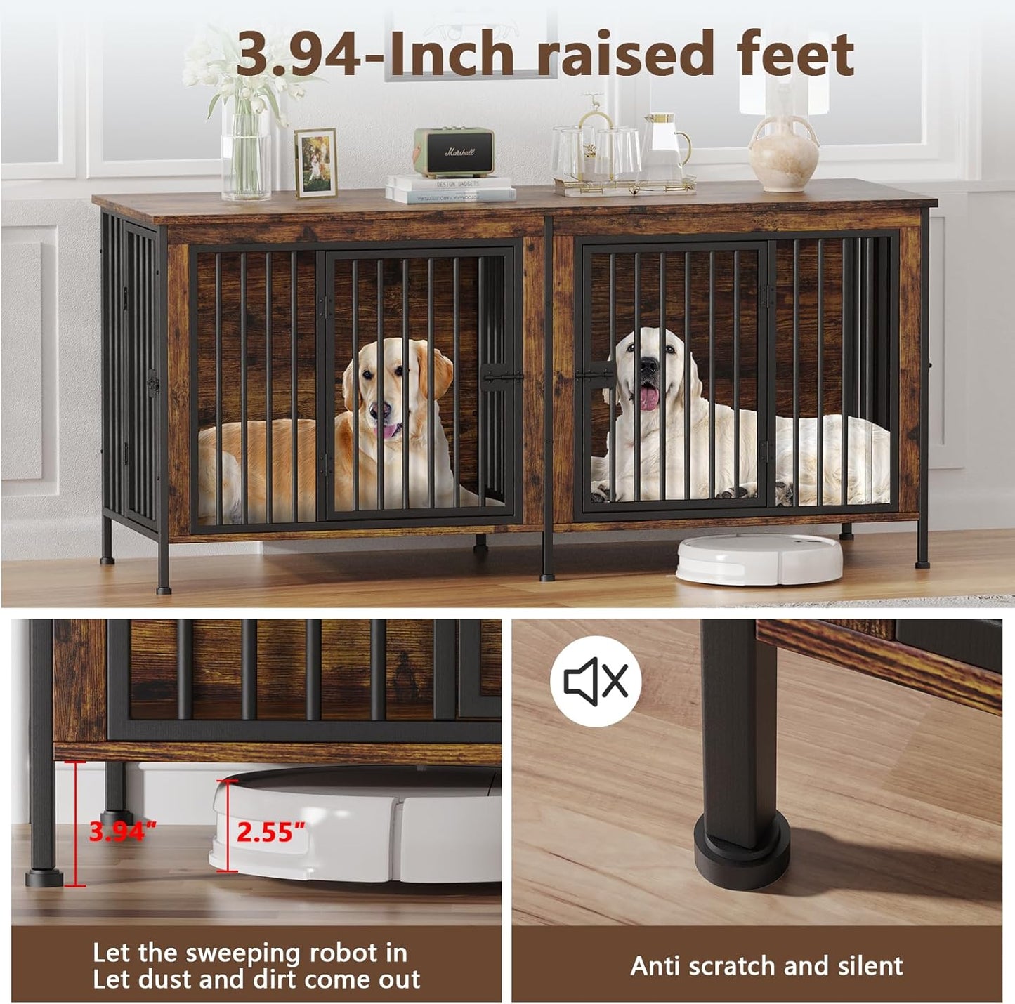 EasyCom 78 Inch Dog Crate Furniture for 2 Dogs, Extra Large Double Dog Cage Large Breed, XXL Thick Wooden Dog Crate TV Stand, Sturdy Dog Kennel with Divider