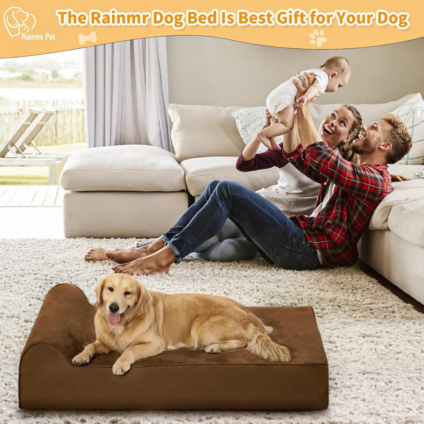 Large Orthopedic Dog Bed, 7" Memory Foam with Waterproof Liner, Chew Resistant Microsuede Cover, Removable and Washable, for Indoor, Outdoor, and Car Use, Nonskid Base, 52"x36" XL Brown