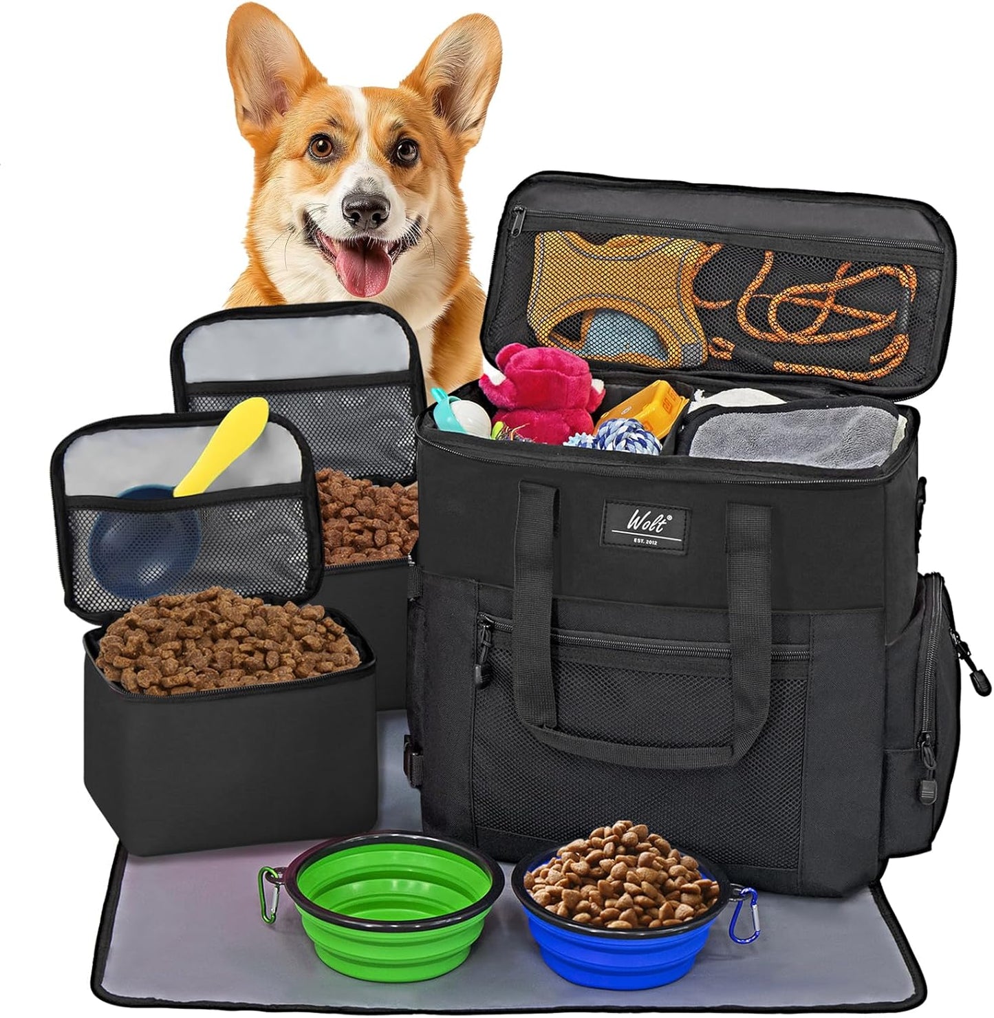 WOLT Dog Travel Bag Dog Bag for Traveling and Supplies with 2 Collapsible Bowls, 2 Food Containers, 1 Place Mat, Black - Pawvie