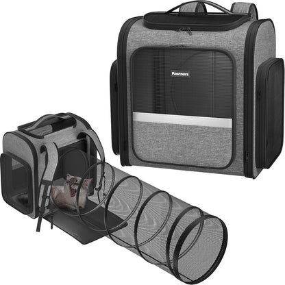Pawtners Cat Carrier Backpacks Expandable Cat Backpack with Breathable Mesh, Pet Carrier Backpack for Cats Small Dogs Puppies Up to 18 Lbs, Dog Carrier Backpack for Travel Hiking Camping Outdoor - Pawvie