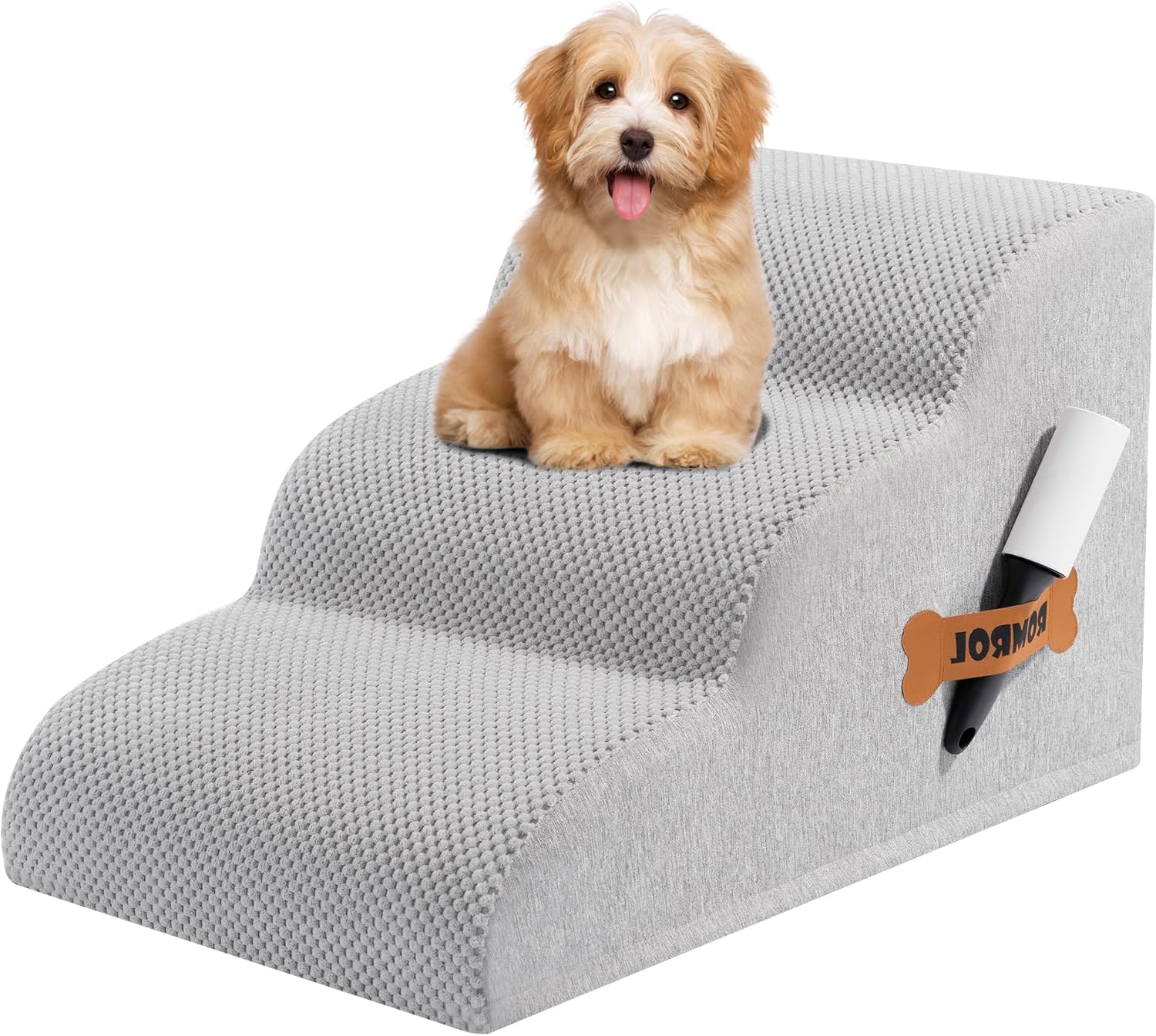 Romrol Dog Stairs Ramp for Beds Couches, Extra Wide Pet Steps with Durable Non-Slip Waterproof Fabric Cover, Dog Slope Stairs for Small Dogs and Cats or Pets Friendly, 3-Tiers, 13 Inch,Light Grey - Pawvie