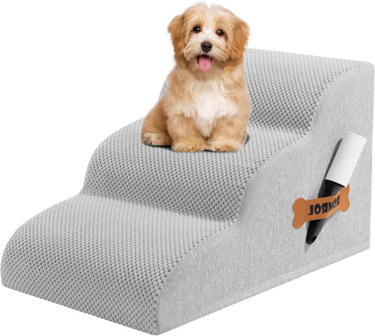 Romrol Dog Stairs Ramp for Beds Couches, Extra Wide Pet Steps with Durable Non-Slip Waterproof Fabric Cover, Dog Slope Stairs for Small Dogs and Cats or Pets Friendly, 3-Tiers, 13 Inch,Light Grey - Pawvie