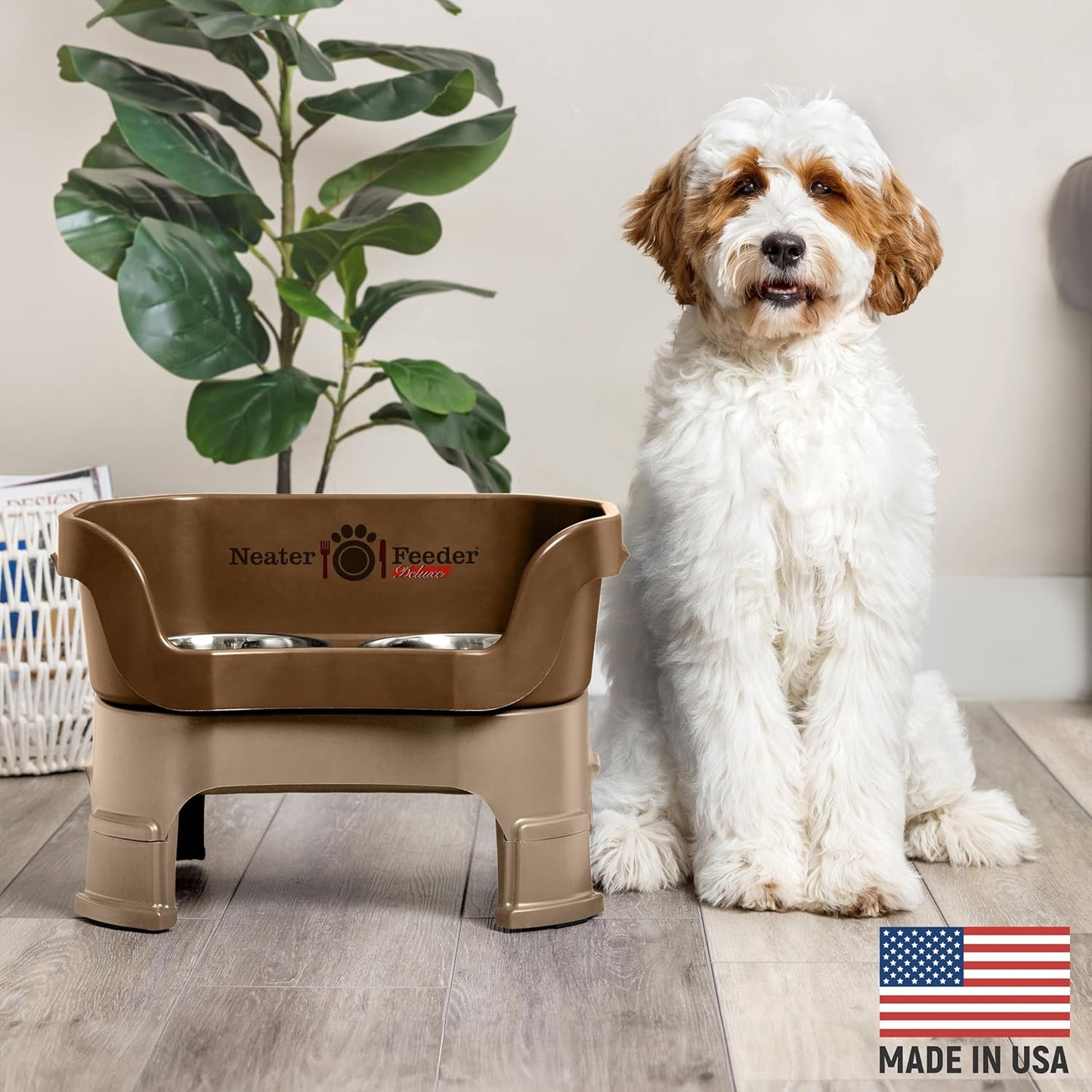 Neater Feeder Deluxe Mess Proof Dog Bowls Elevated Medium Sized Dogs (19-40 lbs) Made in USA, No Spill Raised Dog Food Bowl Stand w/Leg Extension, Stainless Steel Food and Water Bowl Set, Bronze