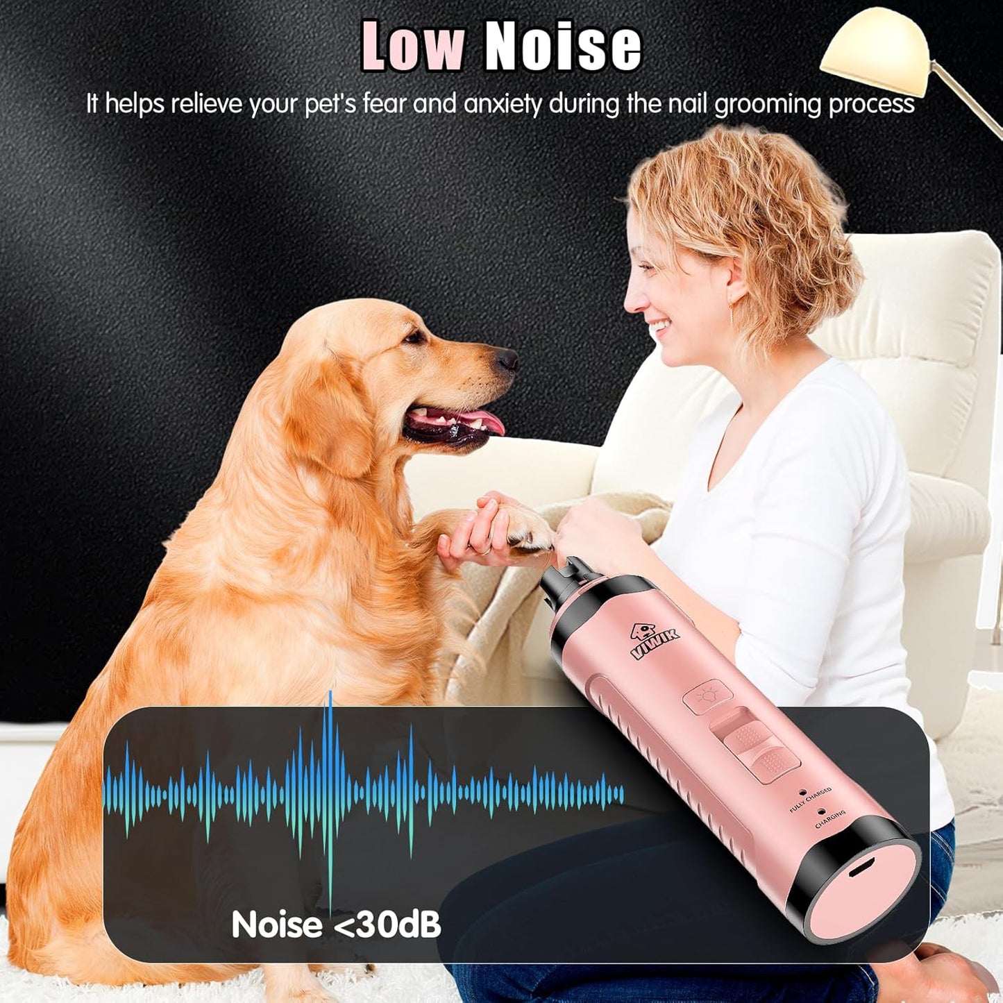 VIWIK Dog Nail Trimmers, Dog Nail Grinder with 2 LED Lights, Pet Nail Clippers Kit for Large Medium Small Dogs & Cats, 2-Speed Super Quiet Electric USB Rechargeable Pet Paws Grooming Tool Pink