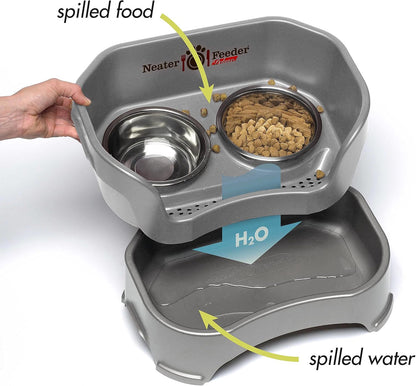 Neater Feeder Deluxe Mess Proof Cat Bowls Elevated for All Breeds – Made in USA – No Spill Raised Cat Bowls for Indoor Cats w/Leg Extensions – Stainless Steel Cat Food and Water Bowl Set - Grey