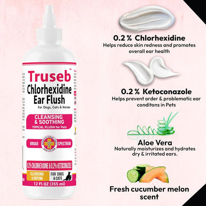 Truseb Advanced Topical Dog Ear Wash with Ketoconazole & Chlorhexidine Ear Flush Dog, Cats and Horses, with Aloe - 12 oz Made in U.S.A (Ketoconazole & Chlorhexidine Ear Flush, 12 oz)