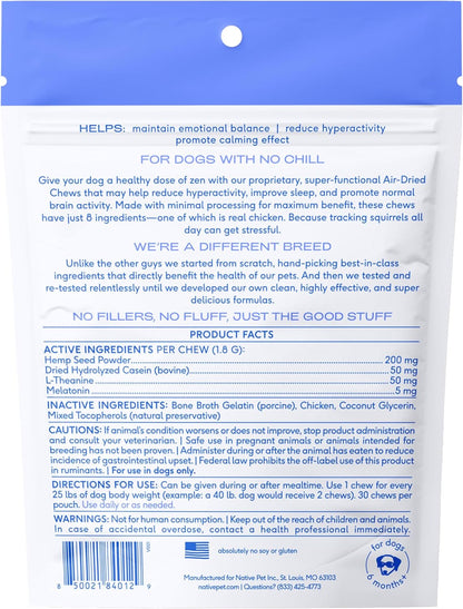 Native Pet Calming Chews for Dogs - Melatonin for Dogs Anxiety Relief - Grain Free All Natural Hemp Calming Treats & L-Theanine Helps Manage Stress & Separation Anxiety - Puppy Sleep Aid - 30 Chews