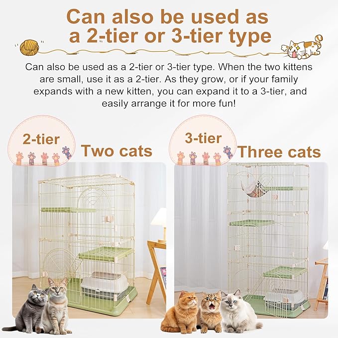 Cat Cage 2-Tier Indoor Cat Enclosure with Widen Bottom Buckle & Reinforced Locking Clamps DlY Cat Playpen for 1-2 Cats & Small Pets,31" Lx 20" W X 36" H (Green, Two-Tier36)