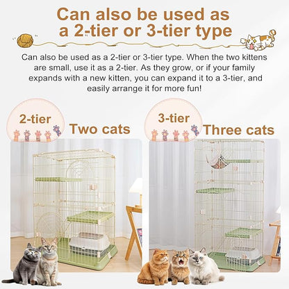 Cat Cage 2-Tier Indoor Cat Enclosure with Widen Bottom Buckle & Reinforced Locking Clamps DlY Cat Playpen for 1-2 Cats & Small Pets,31" Lx 20" W X 36" H (Green, Two-Tier36)