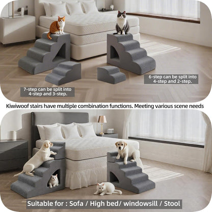 6 Step Pet Stairs Ramp for High Beds Sofas 18-36 Inch, Non-Slip Dog Stairs for Small Old Medium Large XL Dogs Cats, Sturdy 75 Pounds 33D Foam Balanced 6-Tier Ladder with Machine Washable Cover