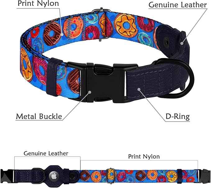 AirTag Dog Collar with Metal Buckle - Printed Nylon Soft Leather Dog Collar with Apple AirTag Holder - Secure Tracking GPS Pet Collars for Girl Boy Small Large Dogs (S, 12"-15" Neck Fit, Donuts)