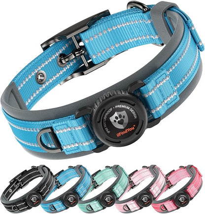 Upgraded AirTag Dog Collar with Holder, Waterproof Reflective Air Tag Dog Collar with Widened Comfortable Padding & Ultra-Durable Metal Buckle, Adjustable for Medium Dogs (M, Blue)