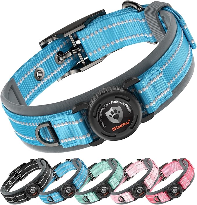 Upgraded AirTag Dog Collar with Holder, Waterproof Reflective Air Tag Dog Collar with Widened Comfortable Padding & Ultra-Durable Metal Buckle, Adjustable for Extra Large Dogs (XL, Blue)