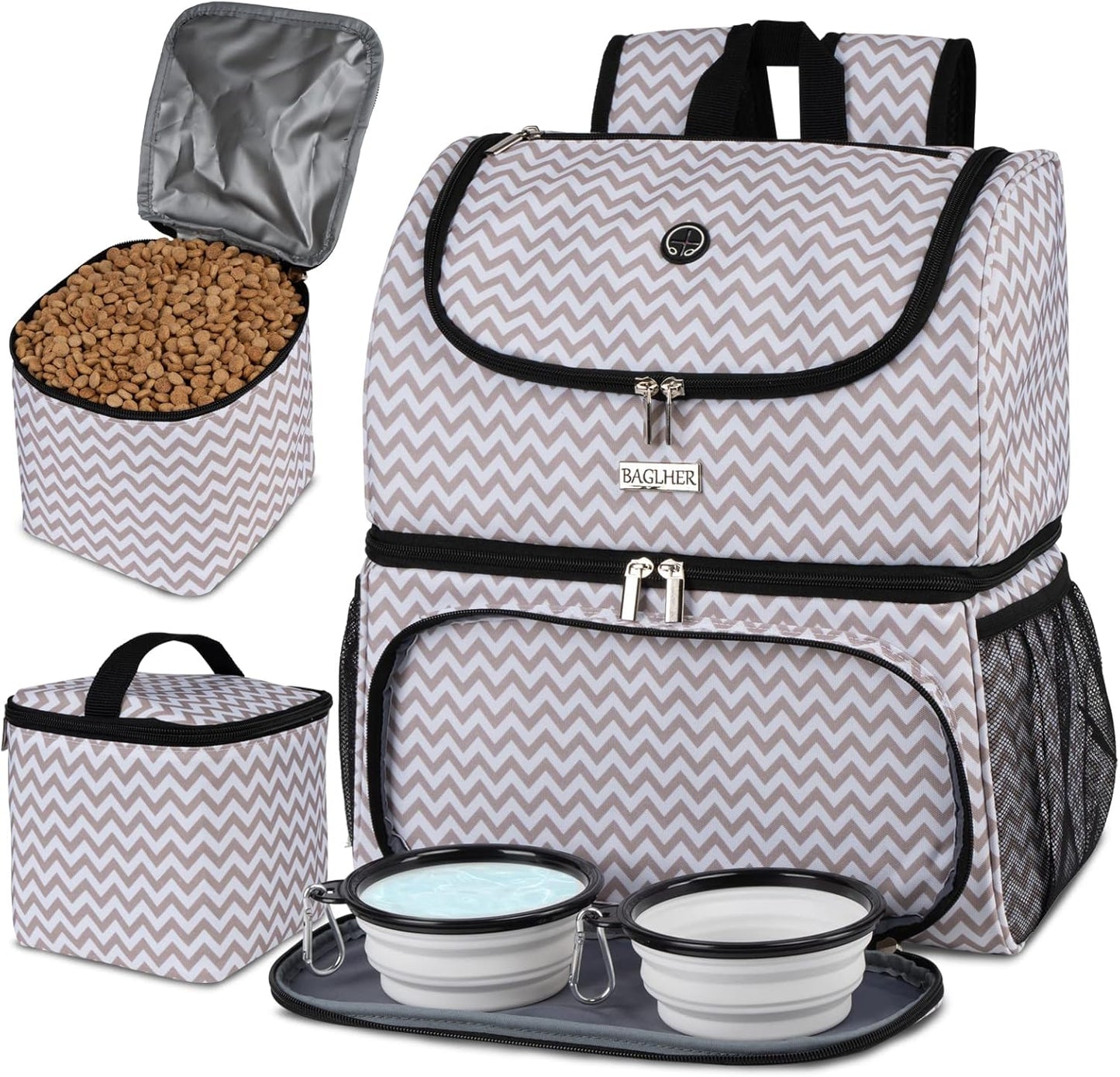 BAGLHER Pet Travel Bag, Double-Layer Pet Supplies Backpack (for All Pet Travel Supplies), Pet Travel Backpack with 2 Silicone Collapsible Bowls and 2 Food Baskets BLW - Pawvie