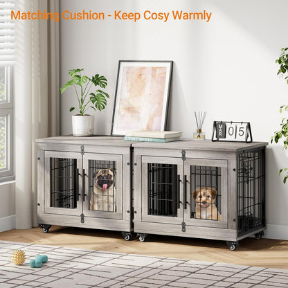 Lulive Small Dog Crate Furniture, Dog Kennel Indoor Double Doors Wooden Dog Cage, 27.1'' Heavy Duty Dog Crate with Cushion & Wheels, Decorative End Table Pet House Chew-Resistant for Small Dogs, Grey