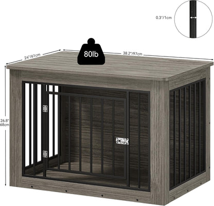 YITAHOME Dog Crate Furniture for Large Dogs, Side End Table, Modern Dogs Kennel Indoor up to 60 lb, 2-in-1 Iron-Wood Fusion Dog Cage with Waterproof Top, Safety Corners, Steel Lock,38" L,Greige