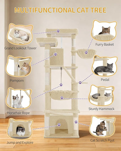 Large Cat Tree, 72 Inch Tall Indoor Cat Tower for 6 Large Cats, Corner Climbing Activity Pet Condo with 2 Large Platforms/2 Cats House/6 Scratching Post/1 Hanging Basket, Beige MS18318YG
