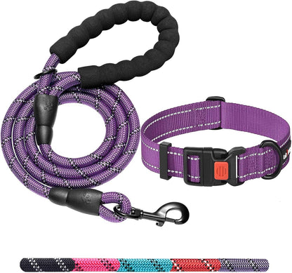 Heavy Duty Dog Leash - Comfortable Padded Handle, 5 ft Long - Dog Leashes for Small Medium Large Dogs (Leash+Collar M Neck 16"-20", Purple)