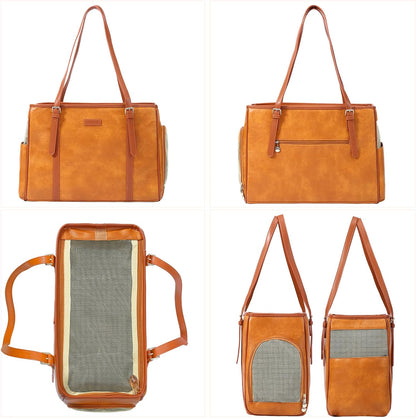 Fashion Dog Purse Pet Carrier Leather Bag for Small Dogs Cats Puppy, Portable Tote Bag Airline Approved Soft-Sided Carriers (Brown)