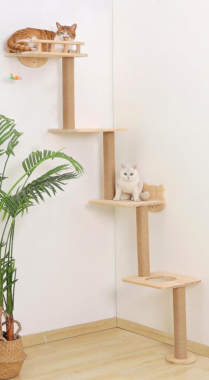Cat Tree Wall Mounted with 4 Levels Shelves, 73" Wood Corner Tower Inside Kitten Playground for Climbing,Playing and Lounging (Right to Left)
