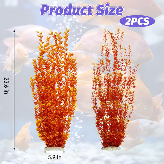 Hamiledyi Aquarium Plastic Plants Aquarium Decor Artificial Fish Tank Plants,Tall Fish Tank Decorations, Extra Large Aquarium Plant 23.6-inch Tall,2PCS(Orange Style A)