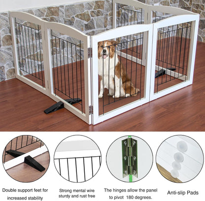 ZJSF Freestanding Dog Fence Indoor, Foldable Dog Gate for Doorways, Stairs or Hallways, Sturdy Wood Extra Wide Pet Gate with Support Feet for The House, White, 24 "Height-6 Panels