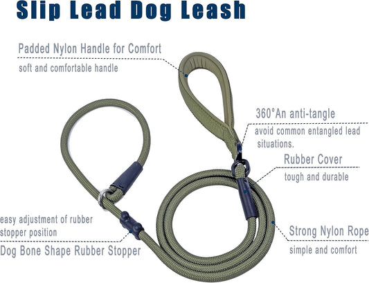Slip Lead Dog Leash,Strong Nylon Rope Leash and Padded Handle,No Pull Outdoor Walking Training Lead for Small Medium Large Dogs(Army Green, 1/2"×6ft)