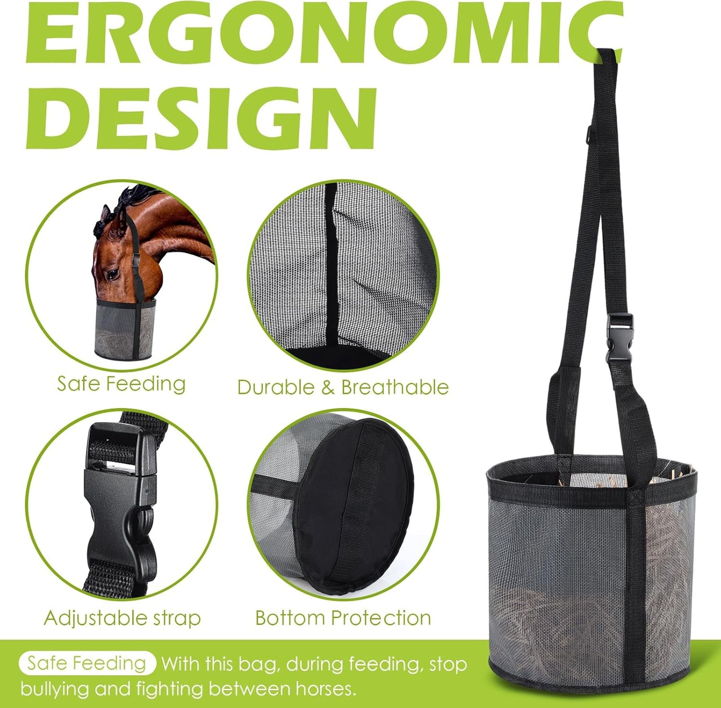 2 Pcs Horses Feed Horse Bag for Grain Hay Bags Heavy Duty Mesh Horse Feeder with Adjustable Strap Comfort Neck Pad Nose Pad and Waterproof Bottom Muzzle(Gray)