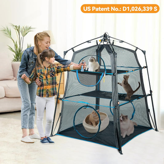 X-Large Catio Outdoor Cat Enclosure,3-Tier Spacious Outdoor Cat Tent for Indoors and Outdoors,Portable and Foldable Kitty Enclosure,Two Doors Design can Assemble More Shapes (Patented)
