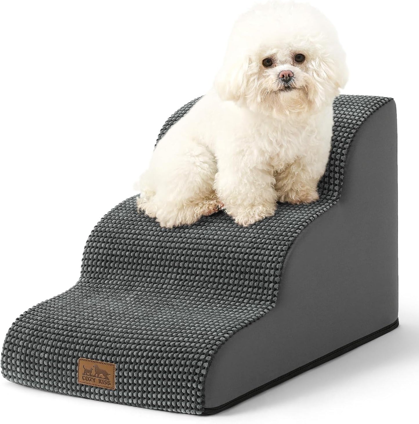 Dog Stairs for Small Dogs 15.7" H, Curved Dog Step for Puppy, Older Cat, Medium Pet Ramp for Sofa, Couch or Chair, Ladder with High Density Foam, 15.7x22.4x15.7 inch, 3 Step, Dark Grey - Pawvie