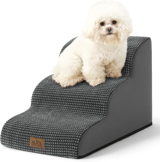 Dog Stairs for Small Dogs 15.7" H, Curved Dog Step for Puppy, Older Cat, Medium Pet Ramp for Sofa, Couch or Chair, Ladder with High Density Foam, 15.7x22.4x15.7 inch, 3 Step, Dark Grey - Pawvie