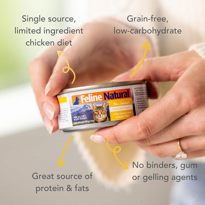 Feline Natural New Zealand Canned Catfood Wet Food, High-Meat, Low-Carb, & Grain Free Cat Food Wet, Chicken Feast, 3 oz, Pack of 24