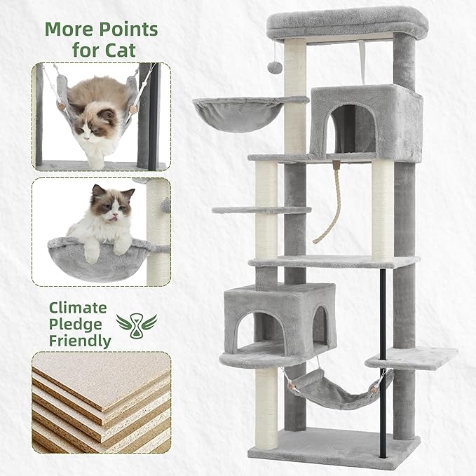 Cat Tree for Indoor Cats Large Adult, 70.5'' Cat Tower with Scratching Post, Sturdy Steel Pube Cat Tree Tower with Large Playing Platfrom, Hammock and Basket, Top Perch, Light Gray GCT024W