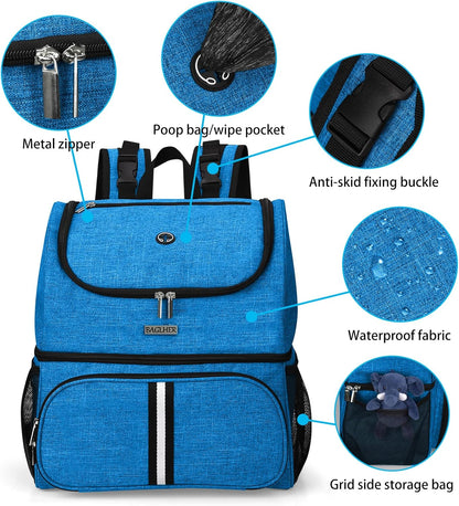 BAGLHER Pet Travel Bag, Double-Layer Pet Supplies Backpack (for All Pet Travel Supplies), Pet Travel Backpack with 2 Silicone Collapsible Bowls and 2 Food Baskets Blue - Pawvie