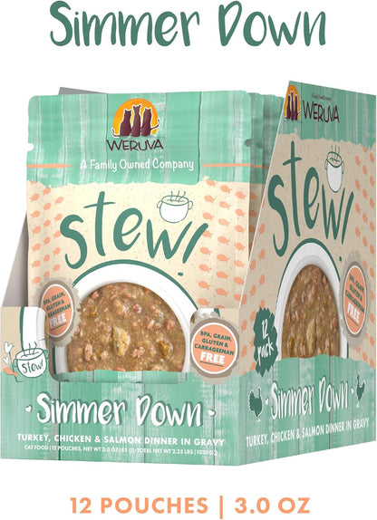 Weruva Classic Cat Stews!, Simmer Down with Turkey, Chicken & Salmon in Gravy, 3oz Pouch (Pack of 12)