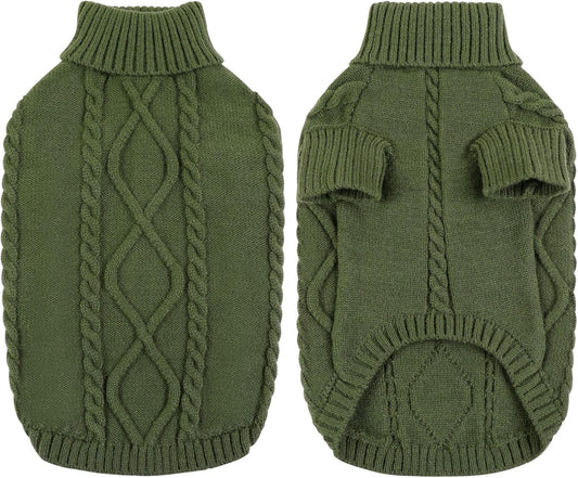 Queenmore Small Dog Pullover Sweater, Cold Weather Cable Knitwear, Classic Turtleneck Thick Warm Clothes for Chihuahua, Bulldog, Dachshund, Pug (Army Green, Large)