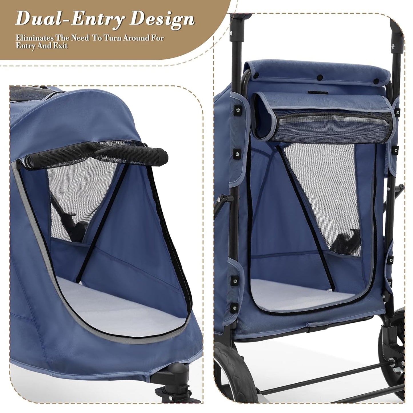 Athena Collection 3 Wheels Pet Stroller Fabric Dog Cart Dog Stroller for Large Dogs 55 Lbs Pet Stroller with Mesh Windows, Zipper Back Pocket, Safety Tether, Angle Adjustable Handlebar, Navy Blue - Pawvie