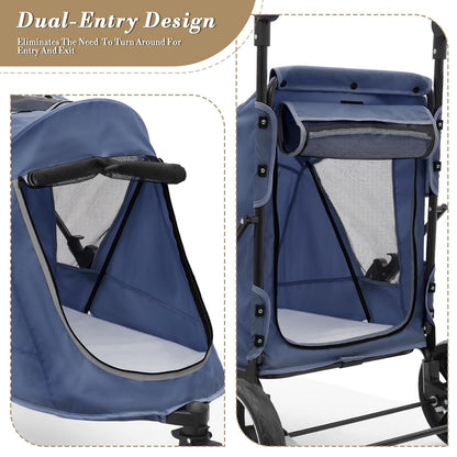 Athena Collection 3 Wheels Pet Stroller Fabric Dog Cart Dog Stroller for Large Dogs 55 Lbs Pet Stroller with Mesh Windows, Zipper Back Pocket, Safety Tether, Angle Adjustable Handlebar, Navy Blue - Pawvie