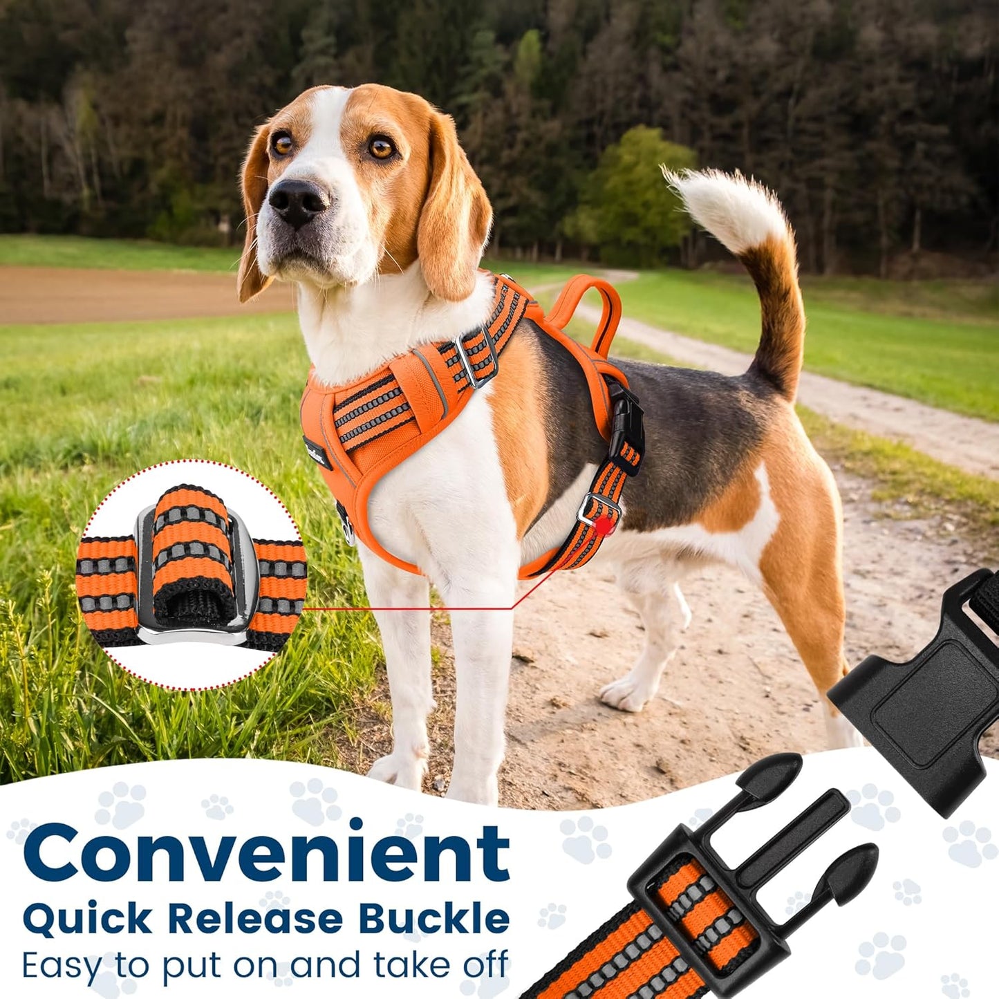 Funfox Dog Harness No Pull, Adjustable Pet Vest Harness, Super Soft Material with Vertical Handle Easy Control, Reflective Night Walking, 2 Leash Clips for Large Dogs, Orange, L
